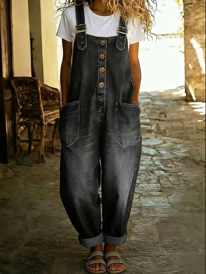 Trendy women's sleeveless wide leg denim romper, perfect for casual summer fashion & comfort.