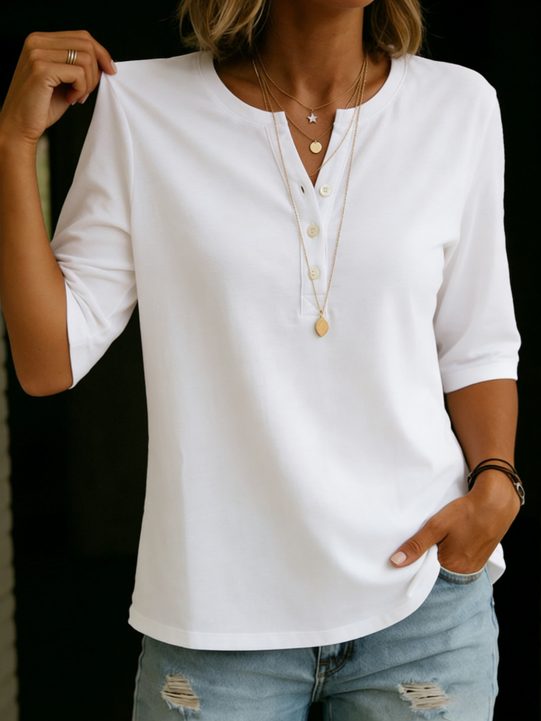 Comfortable women's henley top, 3/4 sleeve. Soft, casual shirt for everyday wear & spring/summer style.
