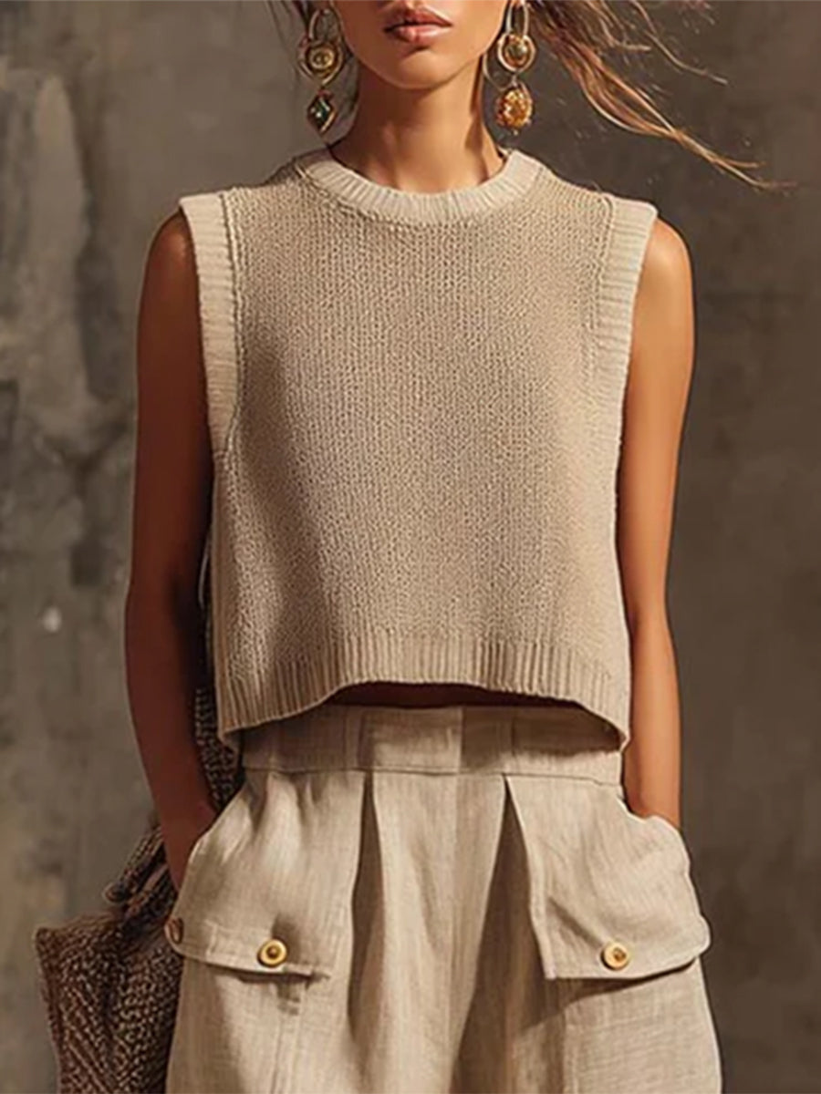 Women's knit sleeveless cropped top vest, perfect for chic modern summer style & versatile layering.