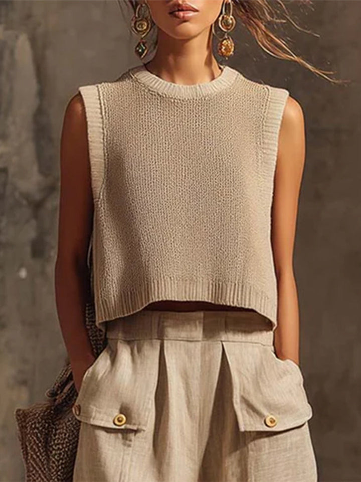 Women's knit sleeveless cropped top vest, perfect for chic modern summer style & versatile layering.
