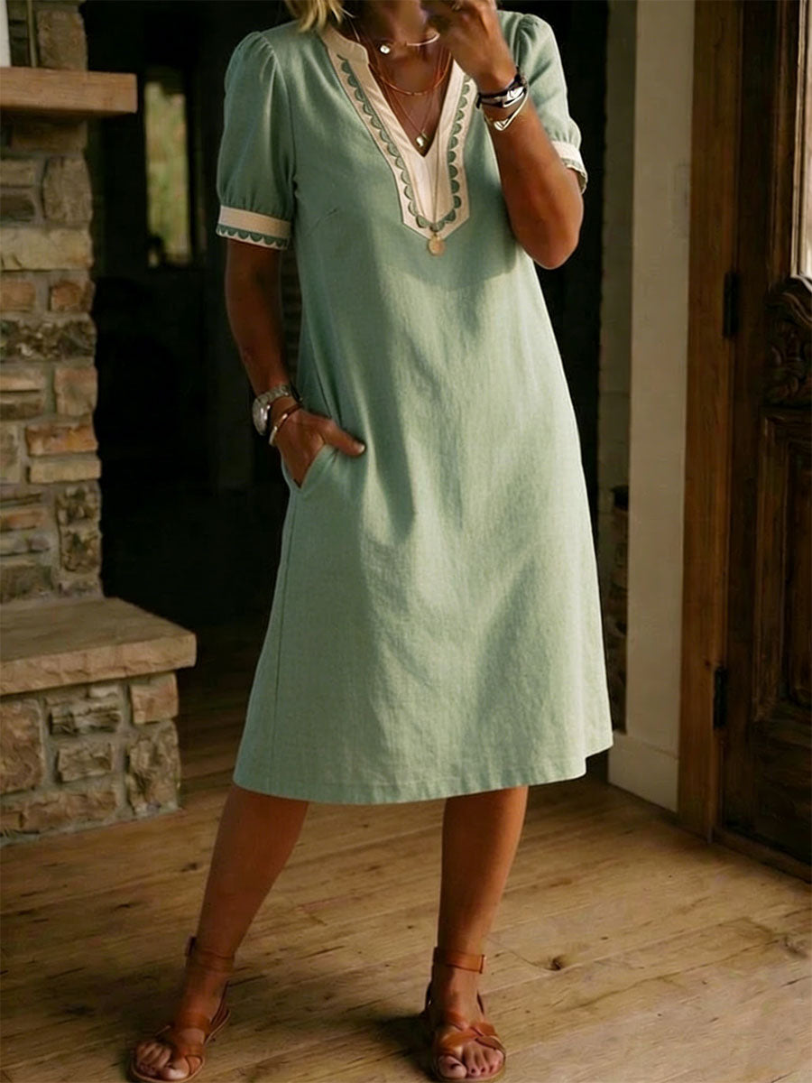 Women's V-Neck Casual Midi Shift Dress. Comfortable, relaxed fit for summer day or everyday style.