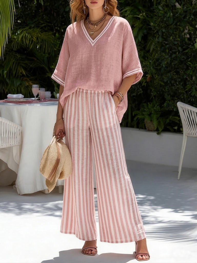 Comfortable women's V-neck top and striped wide leg trousers two-piece set for casual spring/summer wear.