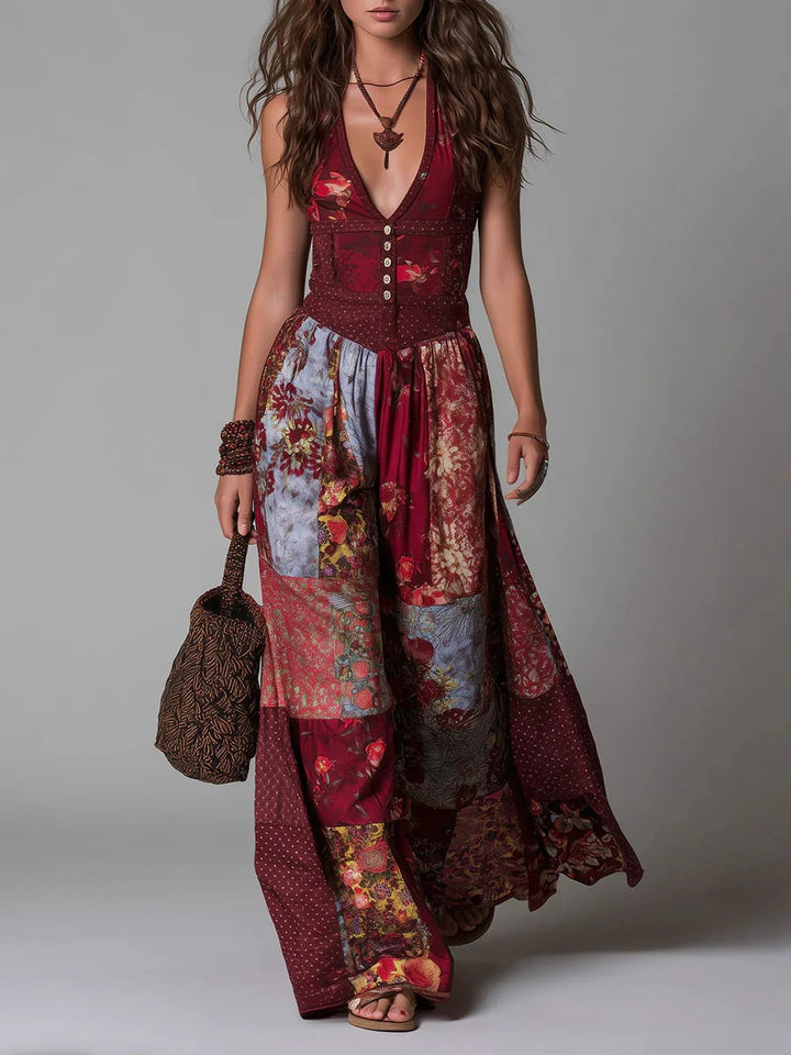 Women's V-neck sleeveless boho patchwork print maxi sundress, perfect for summer beach vacations & casual wear.