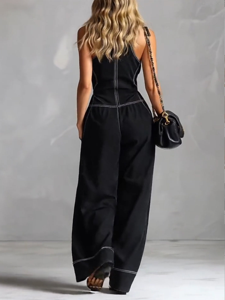 Stylish women's sleeveless V-neck wide leg jumpsuit for a modern, versatile look, ideal for casual fashion.