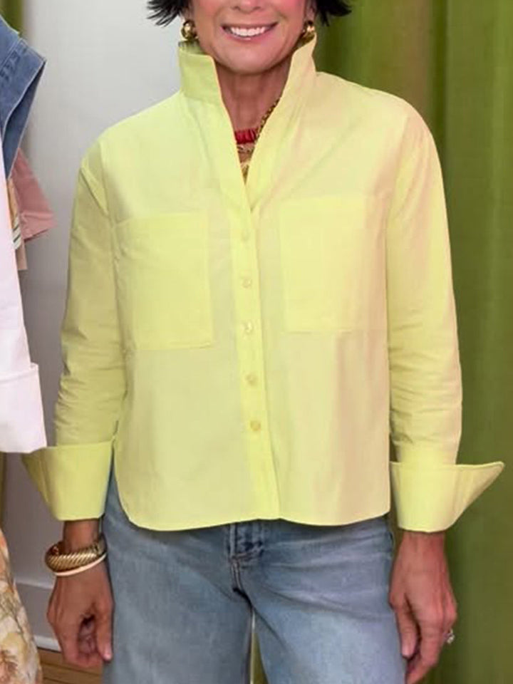 Women's effortless poplin button down blouse, long sleeve, perfect for casual or work wear, versatile everyday style.