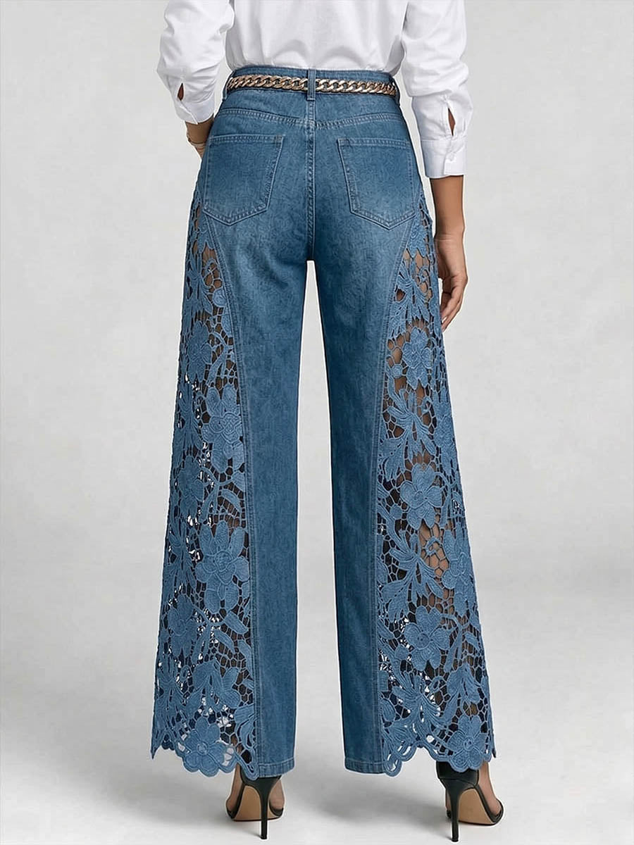 Stylish women's wide leg jeans with high waist & delicate crochet lace, offering a comfortable, casual chic fit.