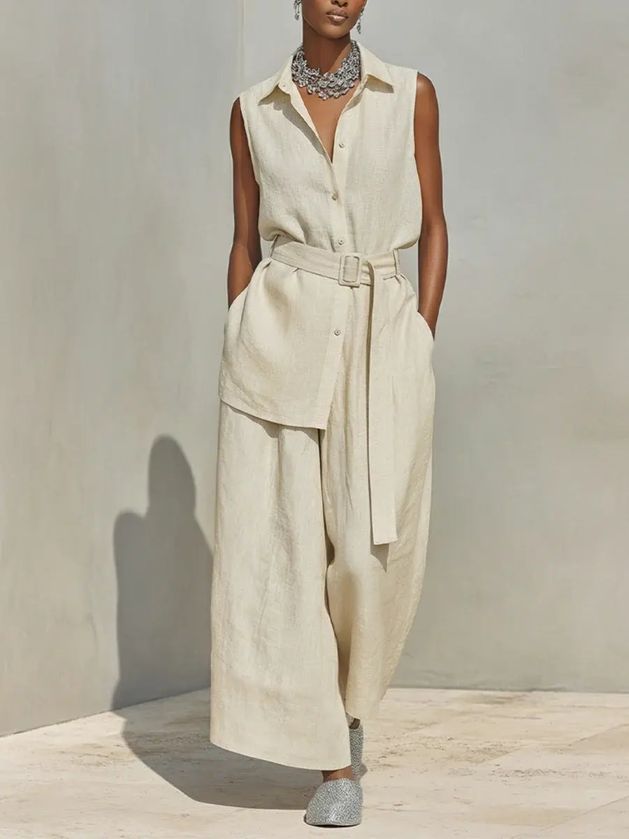 Elegant women's two-piece set: sleeveless top & wide leg pants. Perfect for casual chic summer resort wear.