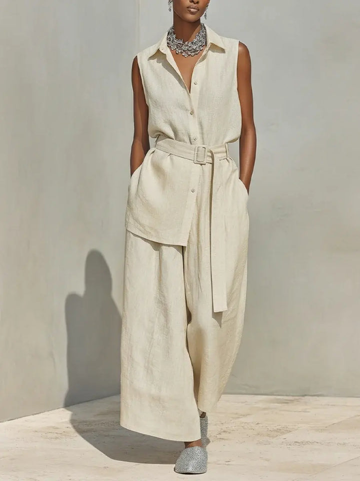 Elegant women's two-piece set: sleeveless top & wide leg pants. Perfect for casual chic summer resort wear.
