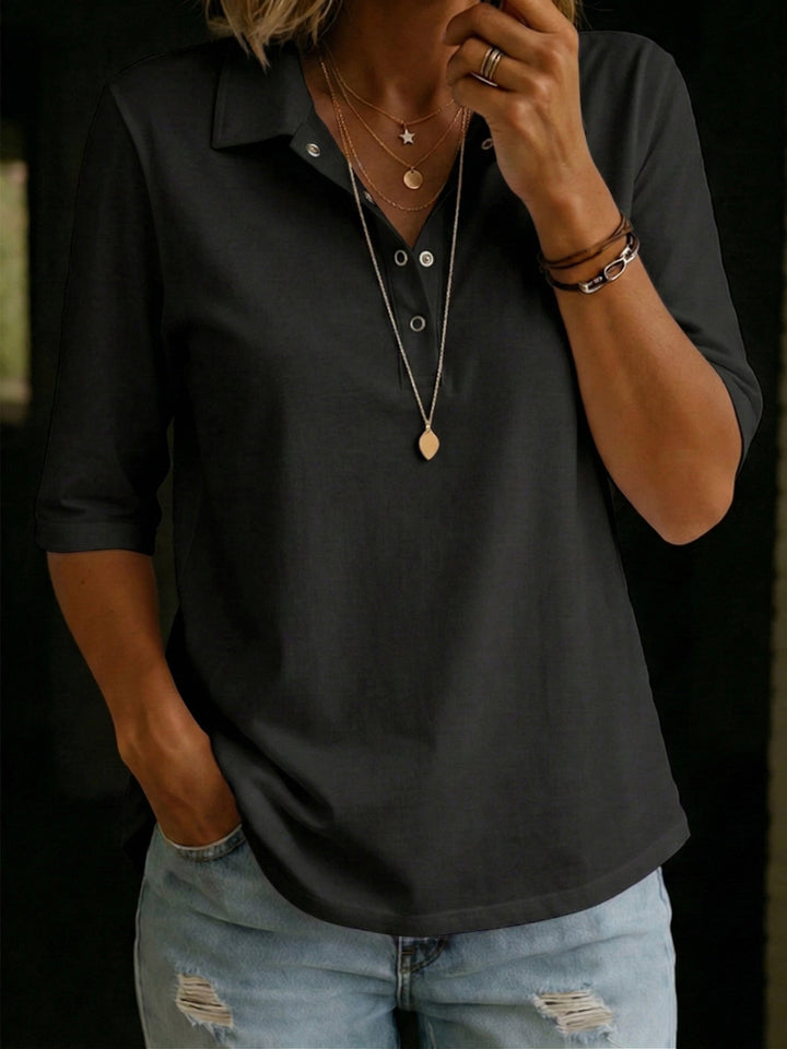 Women's elegant knit polo V-neck button top. Perfect as an office blouse, casual wear, or versatile daily outfit.