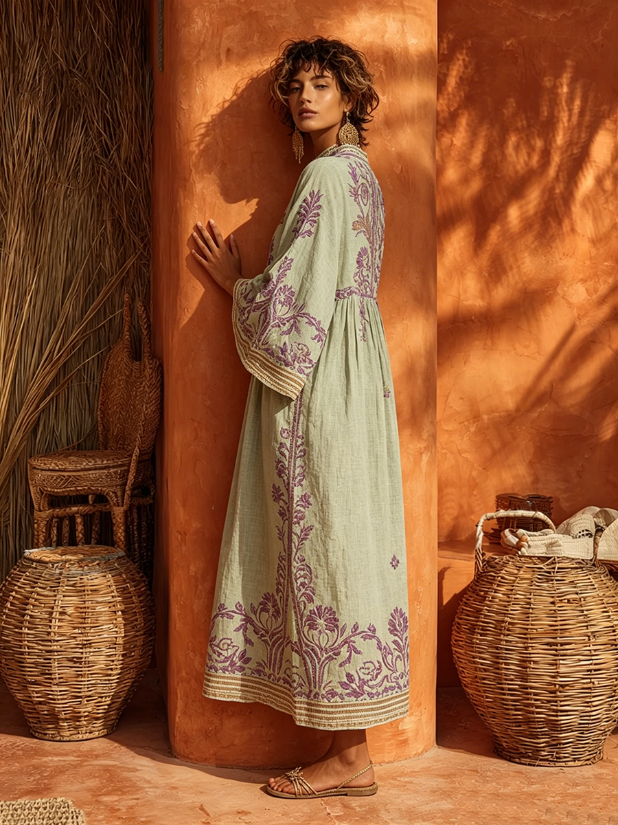 Relaxed fit women's embroidered kaftan maxi dress, a stylish and comfortable tunic for summer days.