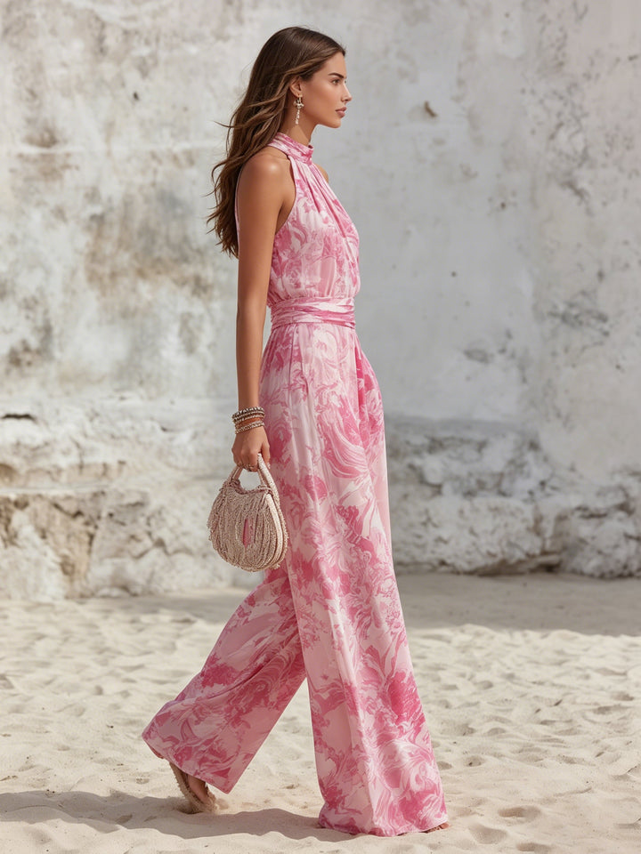 Women's pink halter top and wide leg pants matching set, ideal for vacation, resort, or stylish casual wear.