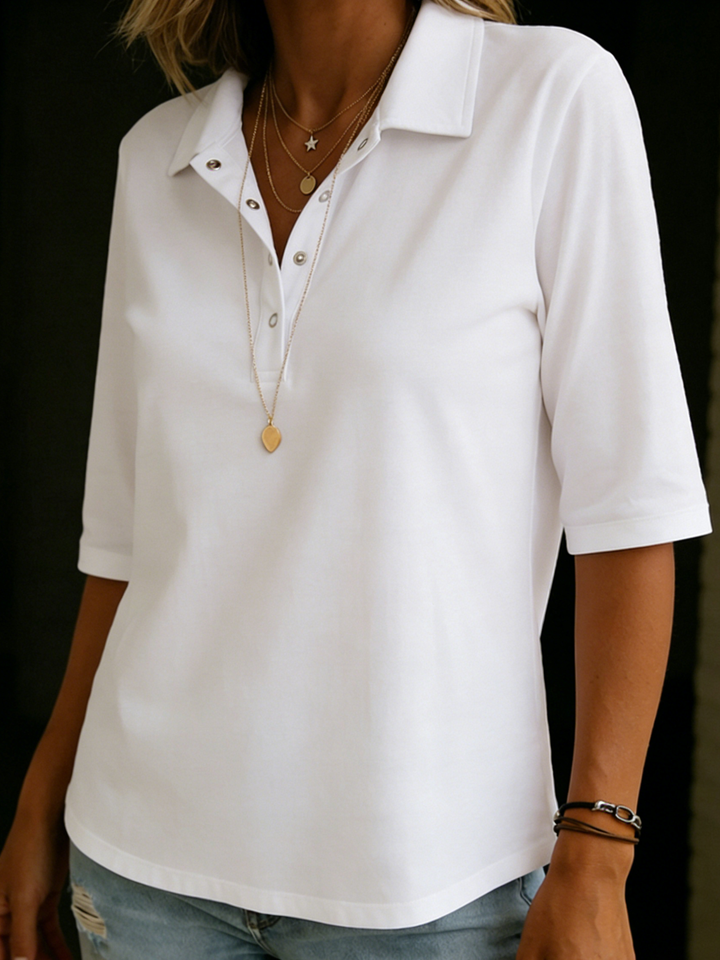 Stylish women's 3/4 sleeve knit polo V-neck button-down top. Ideal for office, casual, and versatile styling.