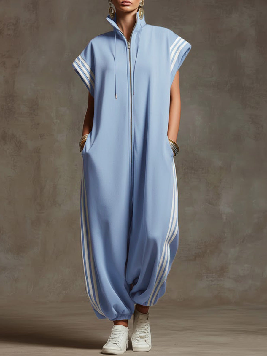 Everyday women's sleeveless zip-up jumpsuit. Cozy, comfortable wide-leg romper for casual occasions.