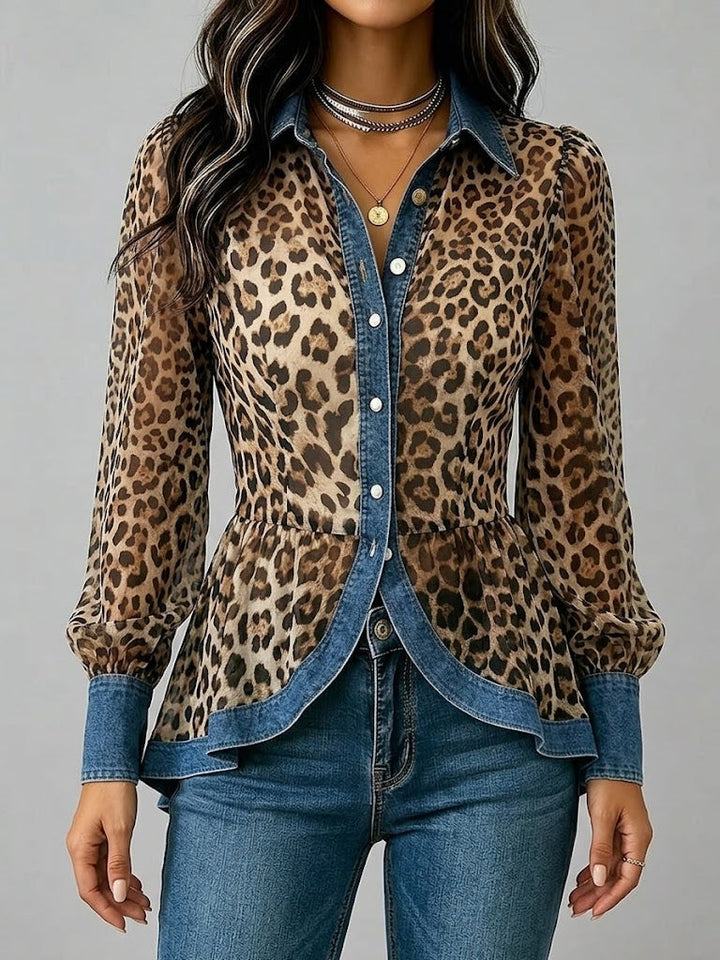 Chic women's leopard print long sleeve blouse with stylish denim trim, perfect for a versatile casual fashion look.