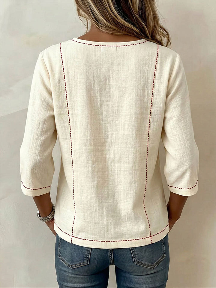 Versatile women's square neck 3/4-sleeve top, ideal for professional office wear or a stylish summer outfit.