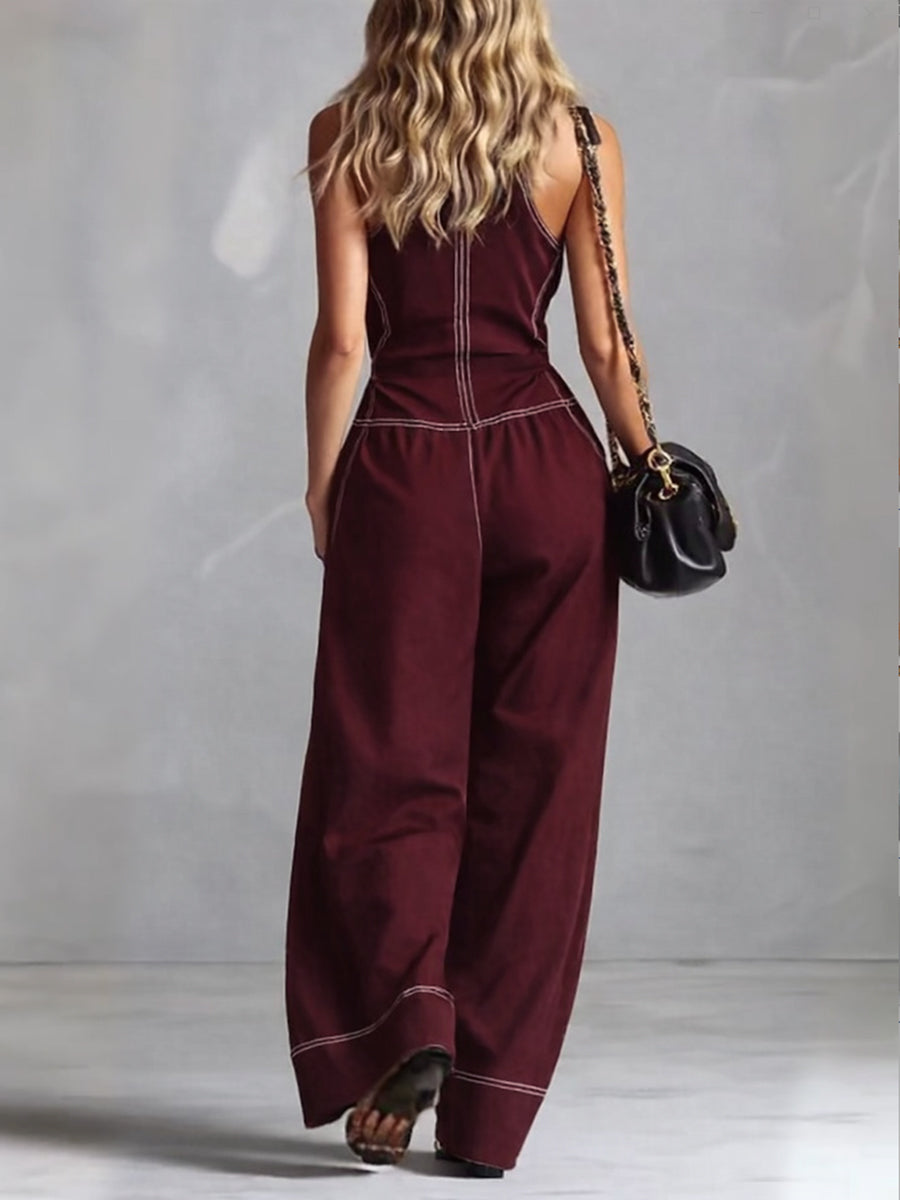 Elegant women's sleeveless V-neck wide leg jumpsuit, a chic and comfortable one-piece for versatile modern fashion.