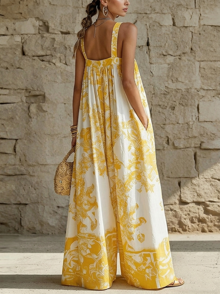 Stylish women's floral sleeveless jumpsuit with square neck, ideal one-piece for vacation or spring-summer wear.