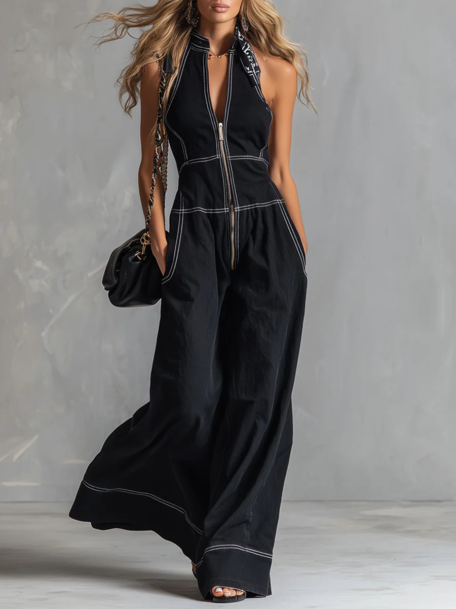 Women's sleeveless V-neck wide leg jumpsuit in a stylish, comfortable fabric, perfect for casual everyday wear.