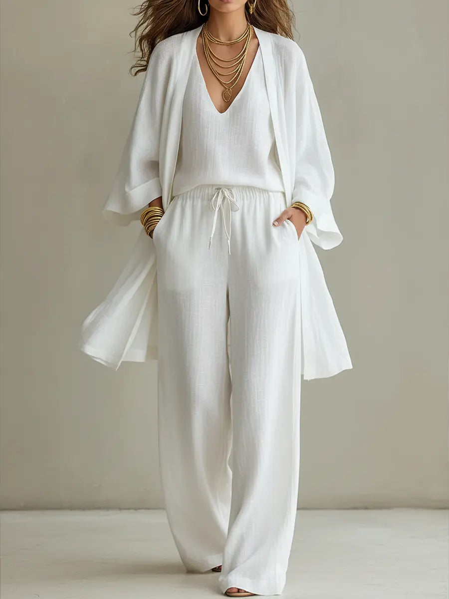 Women's 3-piece relaxed lounge set with wide leg pants, cardigan & matching top. Comfortable, chic casual outfit.