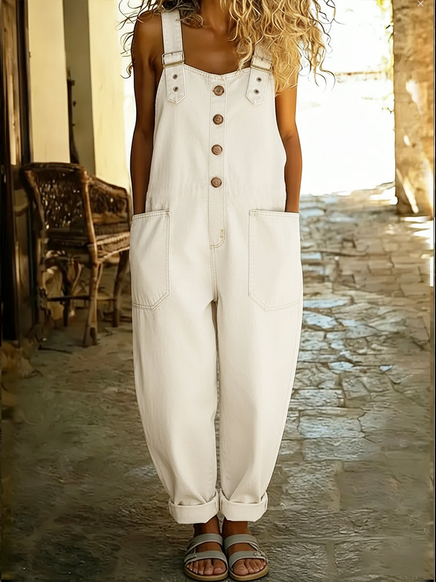 Sleeveless denim jumpsuit for women, featuring a wide leg and casual fit, ideal for trendy spring & summer outfits.
