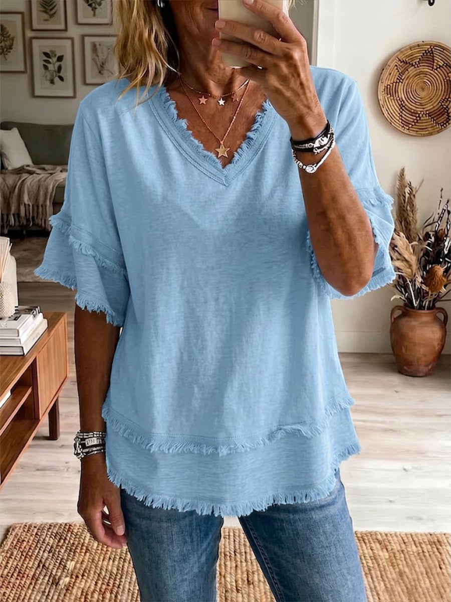 Women's V-neck short sleeve blouse top, relaxed fit for everyday casual wear and effortless style.