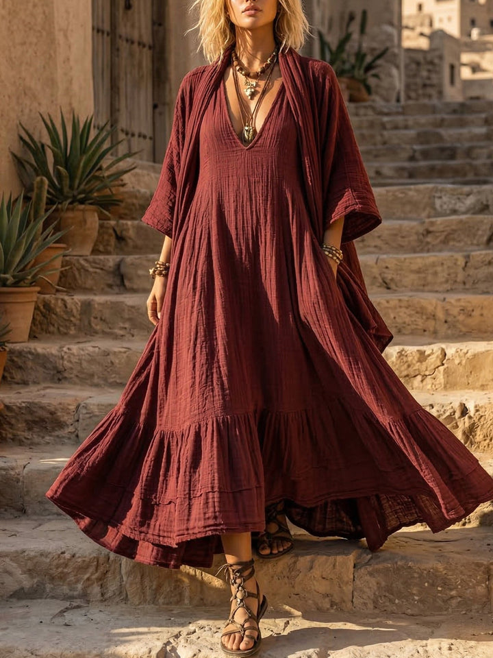 Women's boho V-neck long sleeve flowy maxi dress, perfect for spring/summer casual elegant style.