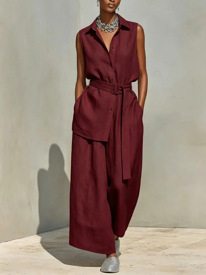 Women's stylish matching set featuring a sleeveless top and flowing wide leg pants for a chic summer outfit.