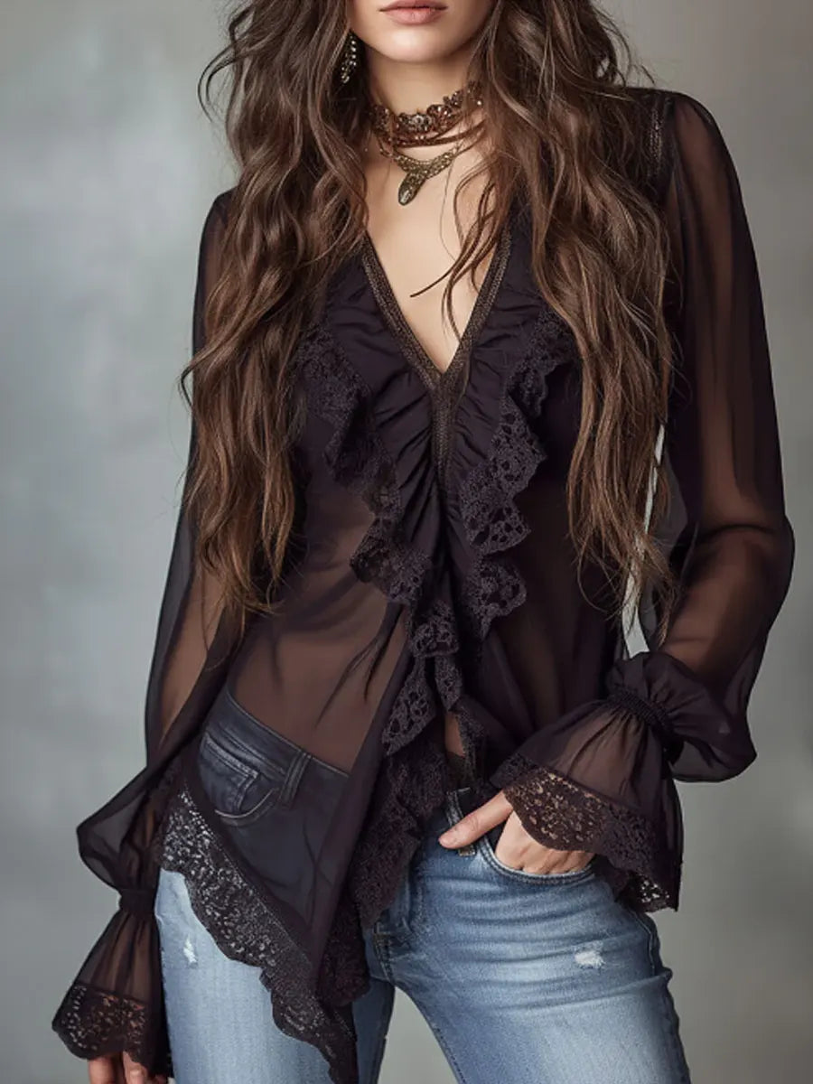 Women's elegant sheer V-neck blouse with long ruffle sleeves, perfect for office or party wear.