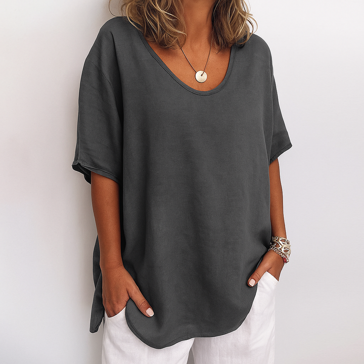 Women's relaxed fit short sleeve top, scoop neck, ideal for casual everyday comfort & versatile styling.