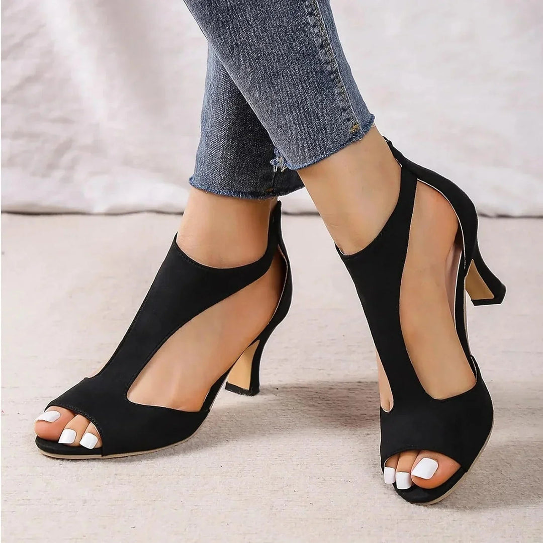 Elegant t-strap block heels with open toe, providing women's arch support & comfortable wear for parties.