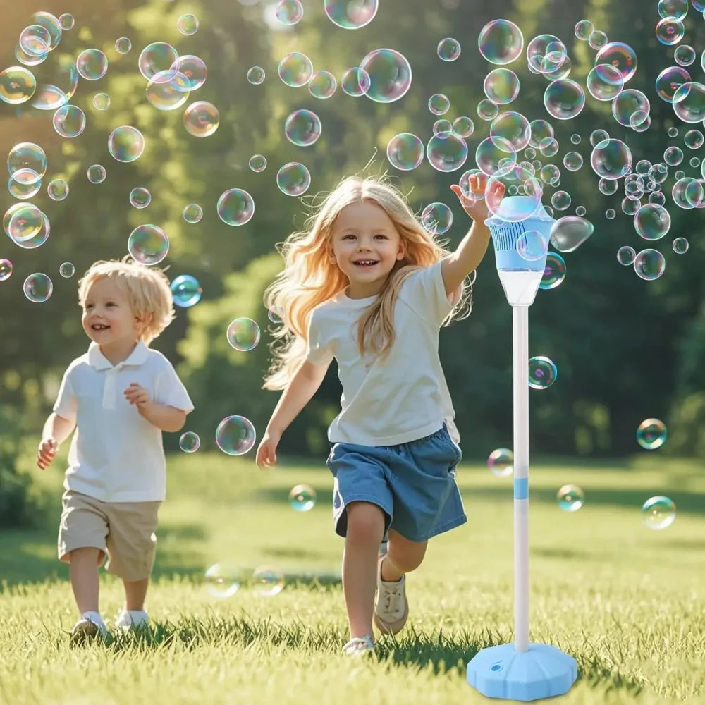 Colorful automatic bubble maker for kids, perfect outdoor toy for backyard fun & children's party entertainment.