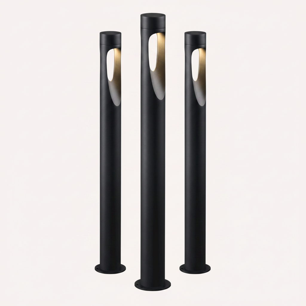 Tall modern LED floor lamp for outdoor use, weather-resistant, perfect for garden, patio, or landscape lighting.