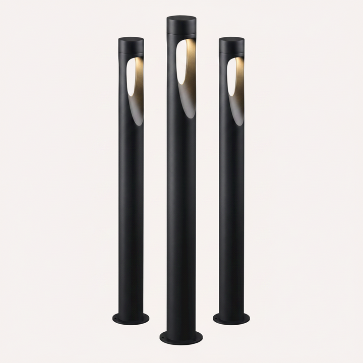 Tall modern LED floor lamp for outdoor use, weather-resistant, perfect for garden, patio, or landscape lighting.