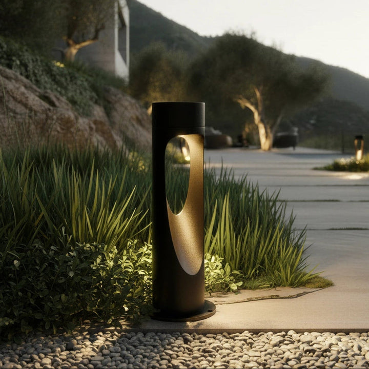 Outdoor LED floor lamp, tall, modern, weather-resistant, round base, ideal for exterior pathway & garden light.