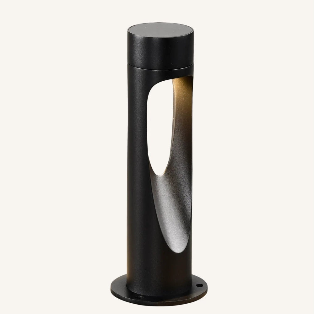 Sleek outdoor LED floor lamp, weather-resistant, tall with a round base, ideal for pathway or garden lighting.