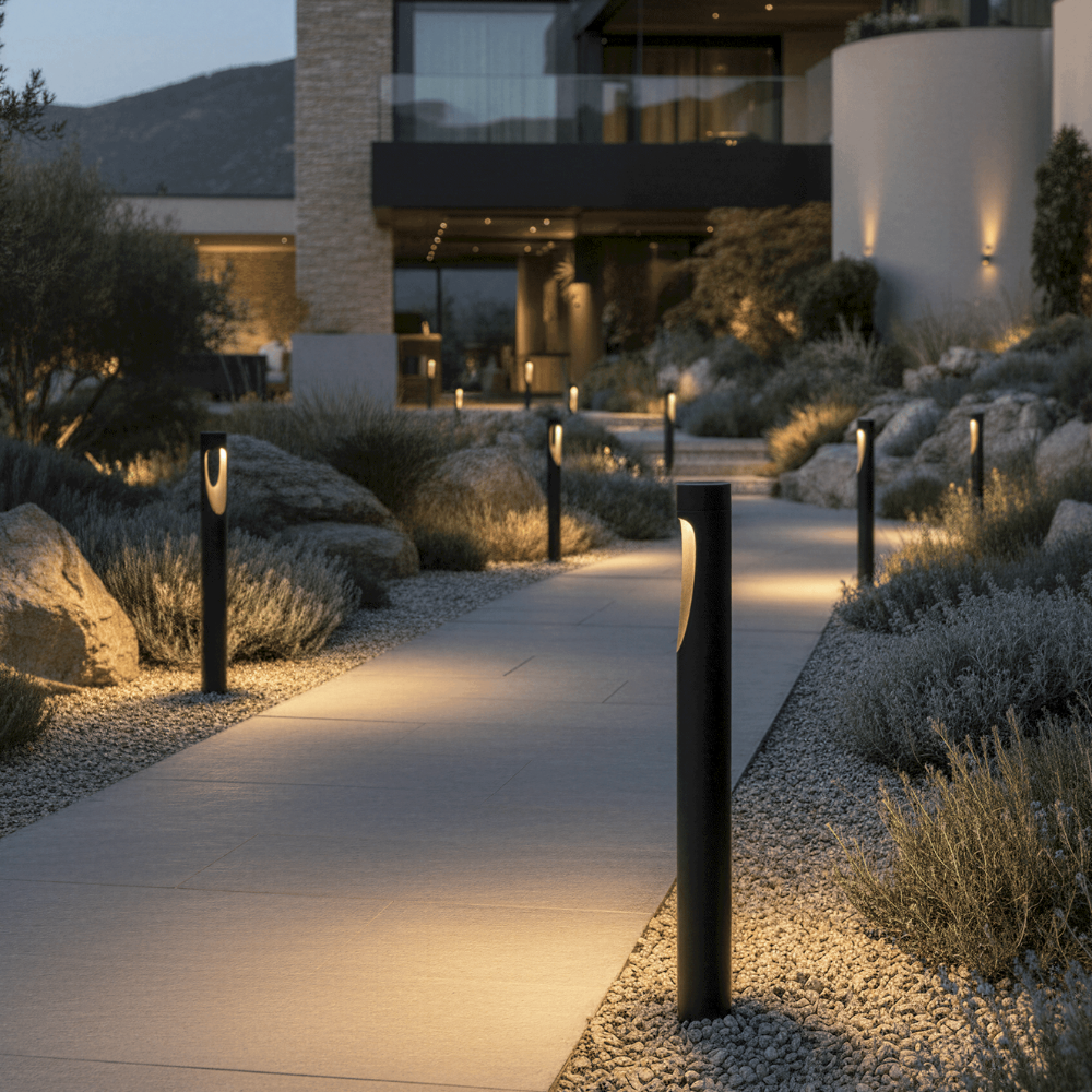 Exterior LED floor lamp, weather-resistant, modern tall design, round base, perfect for patio & landscape.