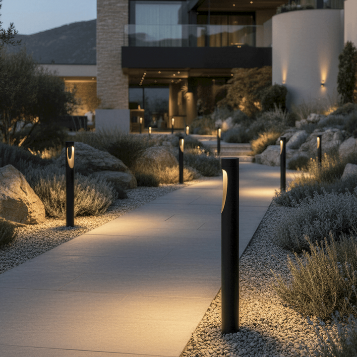Exterior LED floor lamp, weather-resistant, modern tall design, round base, perfect for patio & landscape.
