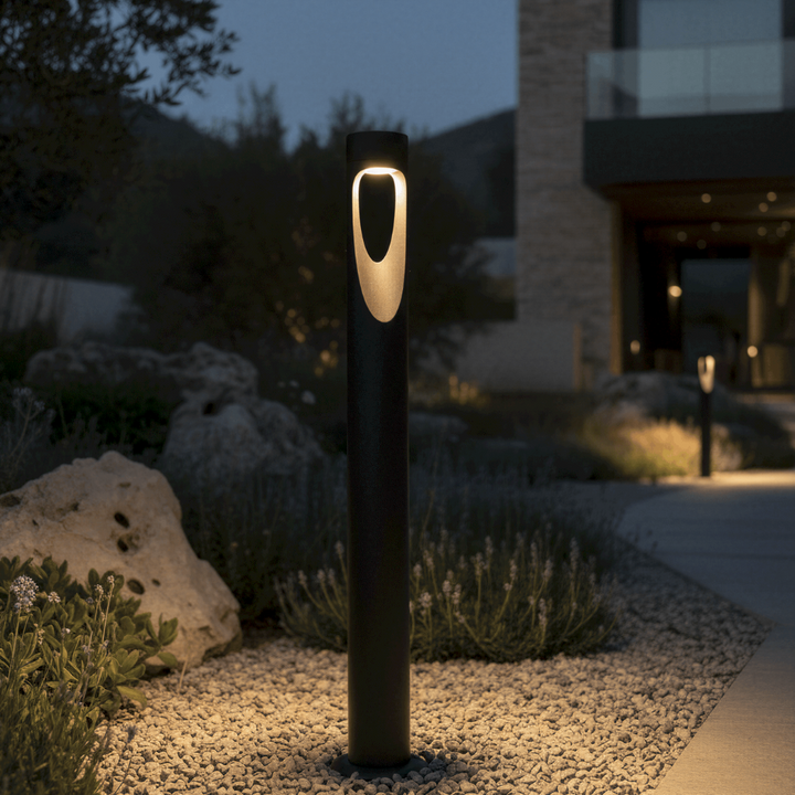 Garden LED floor lamp, weather-resistant, tall & durable with a round base, provides modern outdoor lighting.