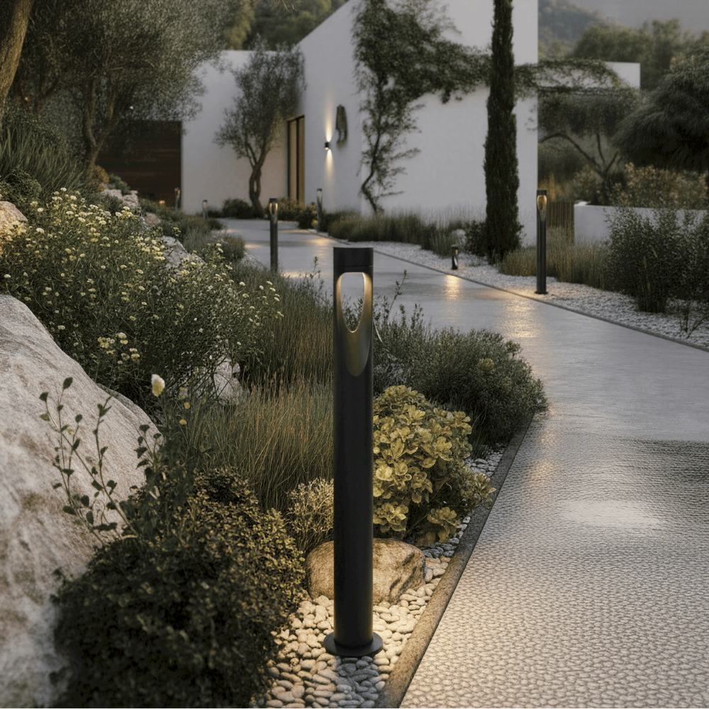 Patio LED floor lamp, weather-resistant, tall, round base, delivers bright and energy-efficient outdoor lighting.
