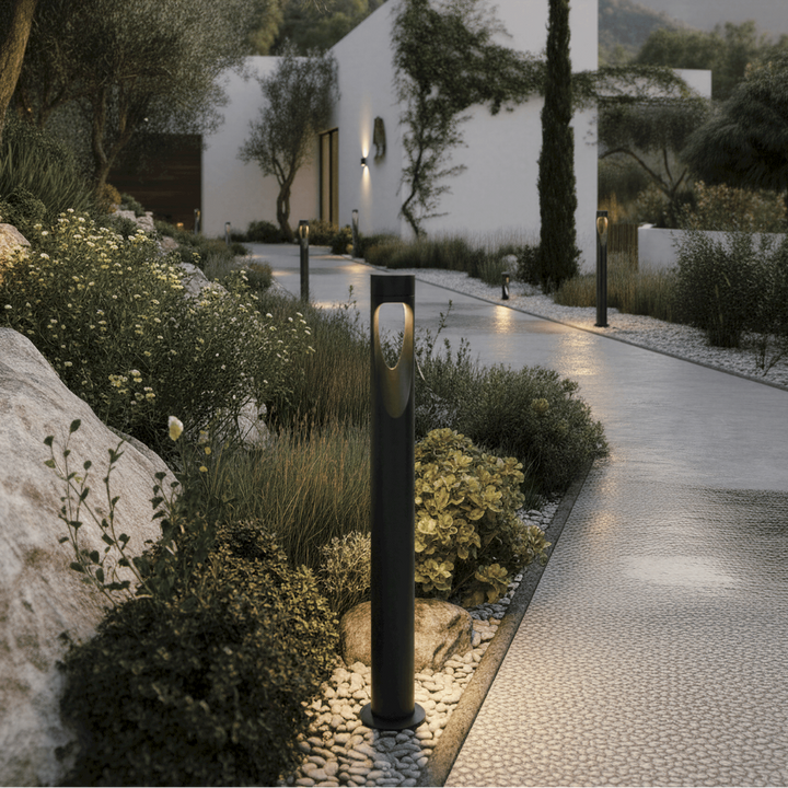 Patio LED floor lamp, weather-resistant, tall, round base, delivers bright and energy-efficient outdoor lighting.