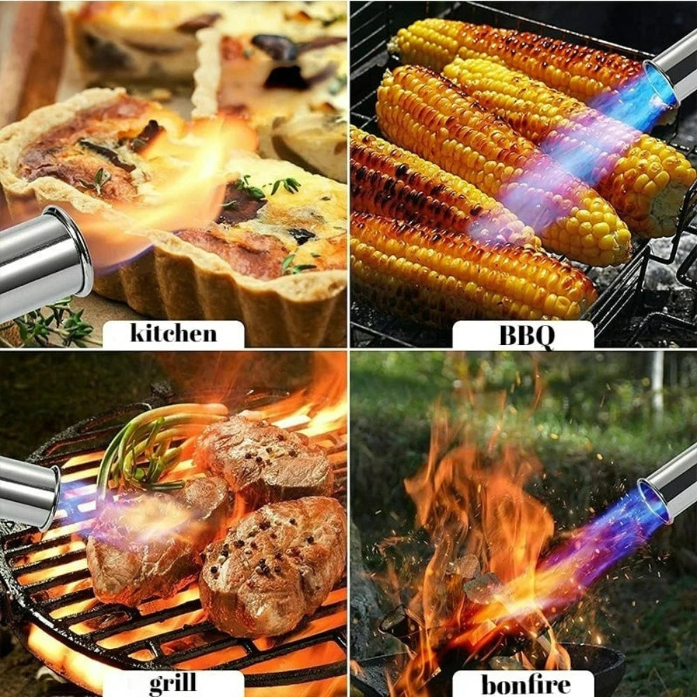 Essential kitchen tool: an adjustable flame jet lighter, ideal for igniting gas grills, candles, and stoves.