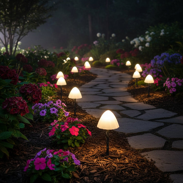 Glowing solar mushroom lights brightens a dark garden, adding charm and a magical feel to outdoor spaces.