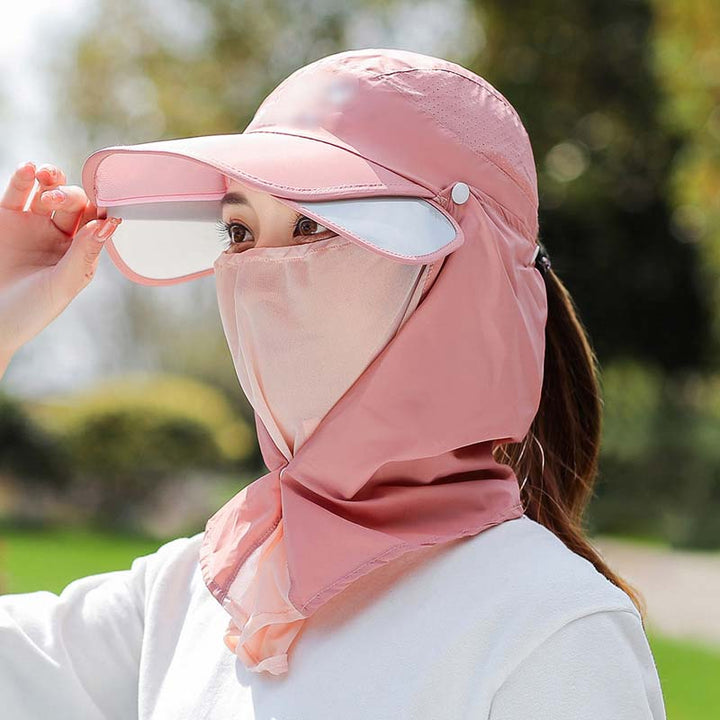 Foldable UPF 50+ sun hat with detachable neck flap & face mask for fishing, camping & beach trips.