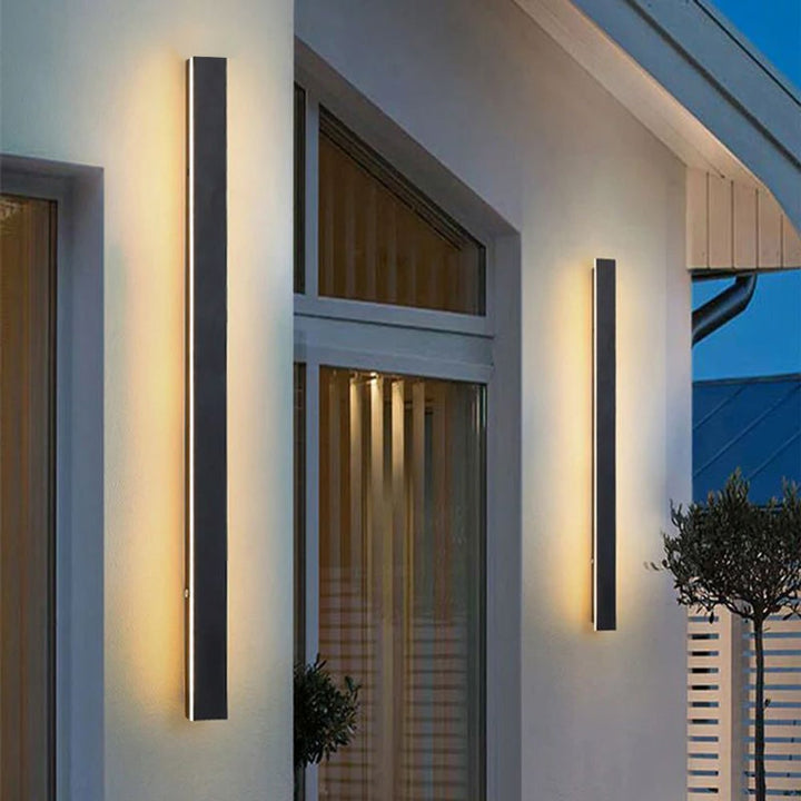 Waterproof modern LED wall lamp, sleek exterior lighting for porch, patio, & garden areas.