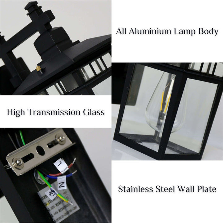 Waterproof outdoor wall lantern, black aluminum modern rustic design. Durable exterior lighting for patio, porch, garden.