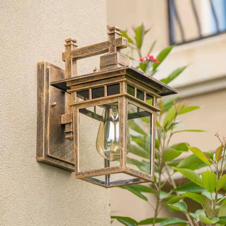 Sleek black aluminum outdoor wall lantern, modern rustic style. Waterproof exterior lighting for garden, patio, porch.