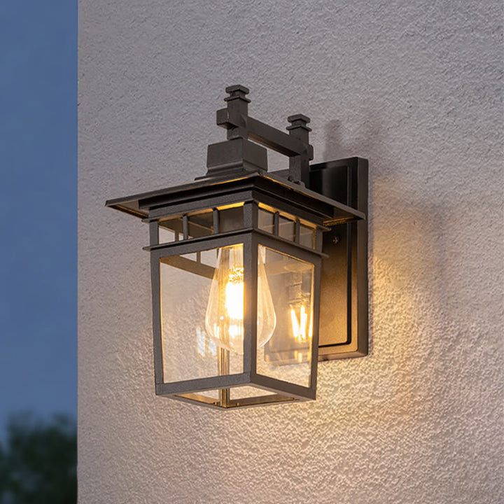 Garden outdoor wall lantern, waterproof & durable. Modern rustic black aluminum exterior lighting for patios & porches.