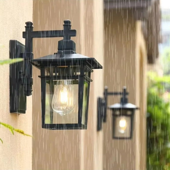 Classic lantern-style outdoor wall light, waterproof. Black aluminum exterior lighting for modern rustic porch decor.