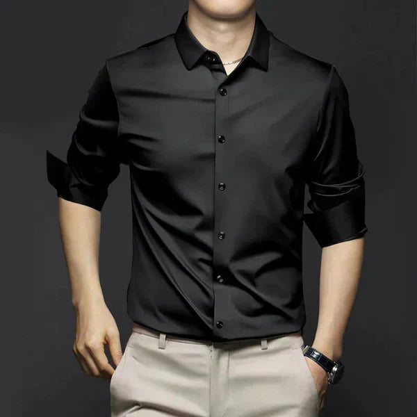 Men's elegant summer button-up shirt. Lightweight, breathable, & iron-free for all-day comfort.
