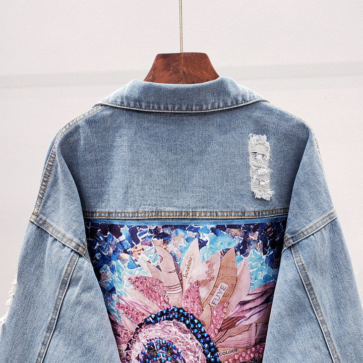 Lynn oversized women's denim jacket, a stylish fall/spring outerwear piece with a statement back print.